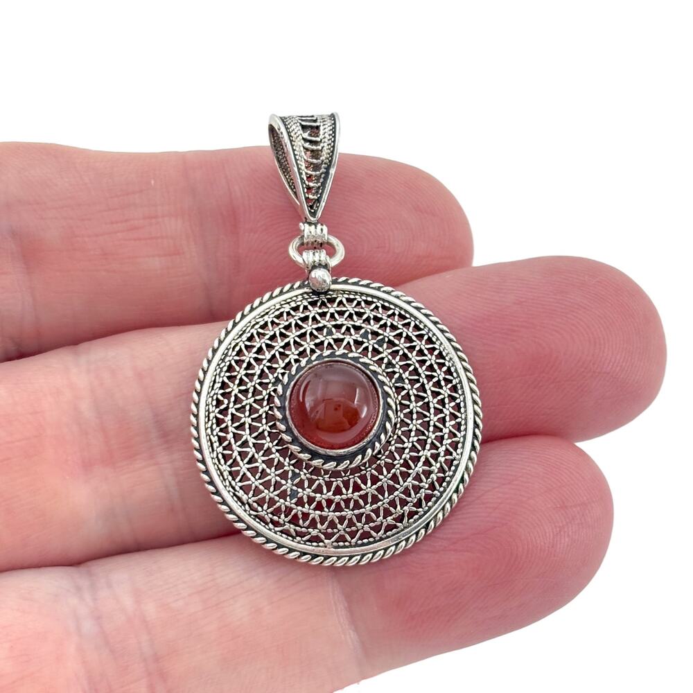 Vintage Sterling Silver 925 Carnelian Filigree Pendant